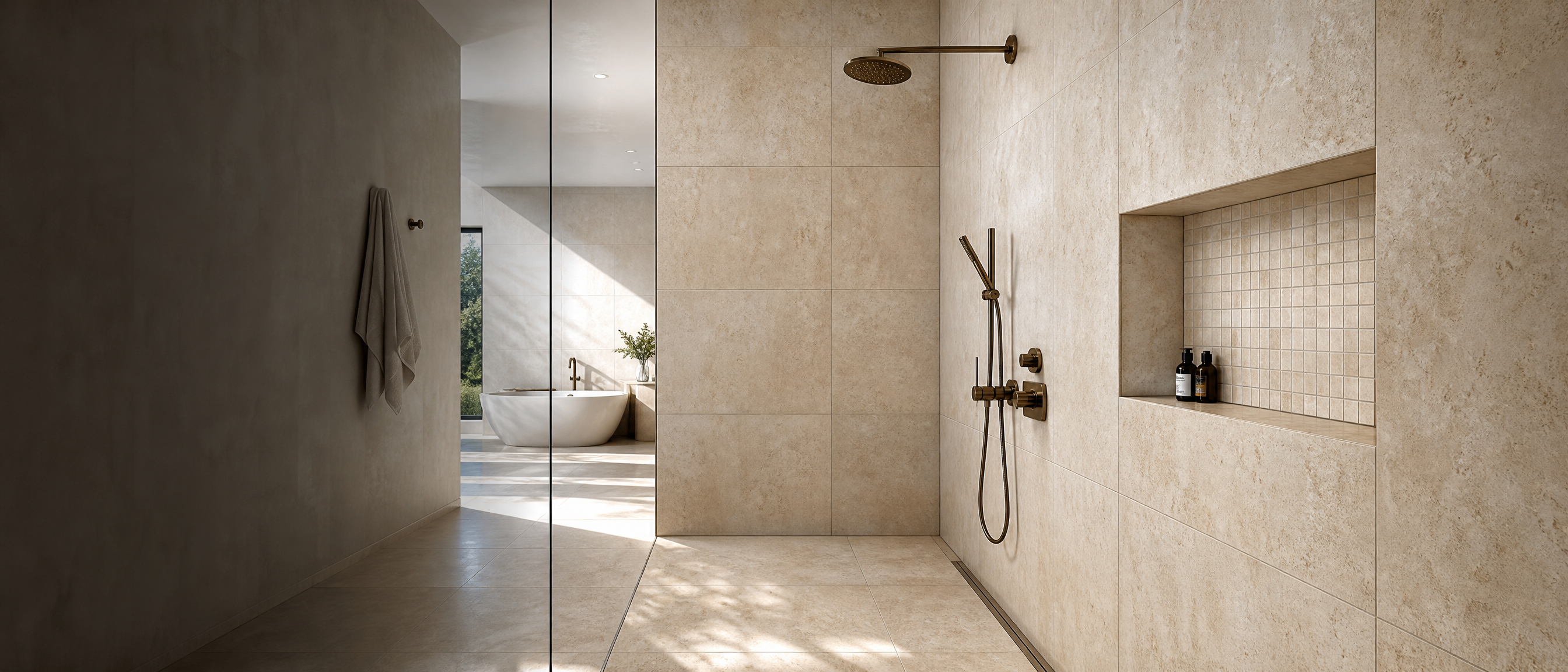 Large-format porcelain tilework in a refined modern shower