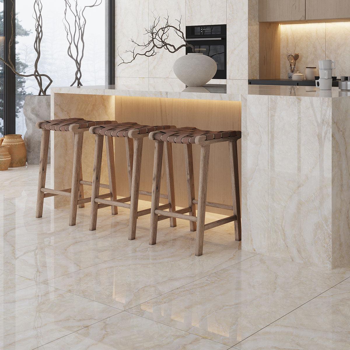 Large-format porcelain tile installed across a finished floor